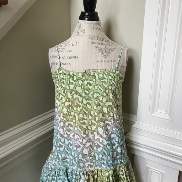 Juliet Dunn Mini Dress Womens 1 Small Green Blue Sleeveless Cotton Tiered Gold - Picture 3 of 11